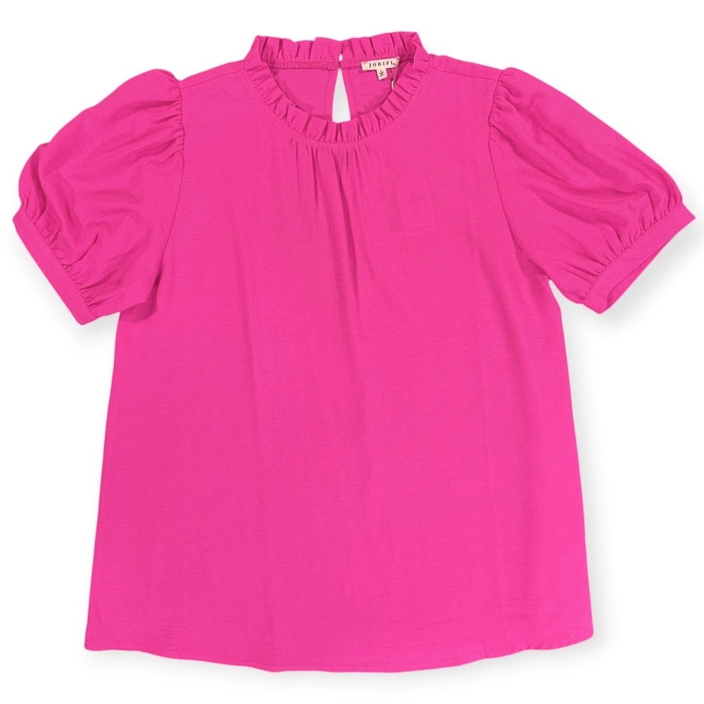 JODIFL Kali Ruffle Neck Top Womens L Pink  Puff Sleeve Blouse Keyhole Back